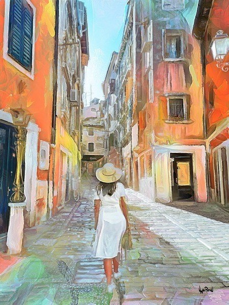 young woman walking on cobblestone street of an o  Print