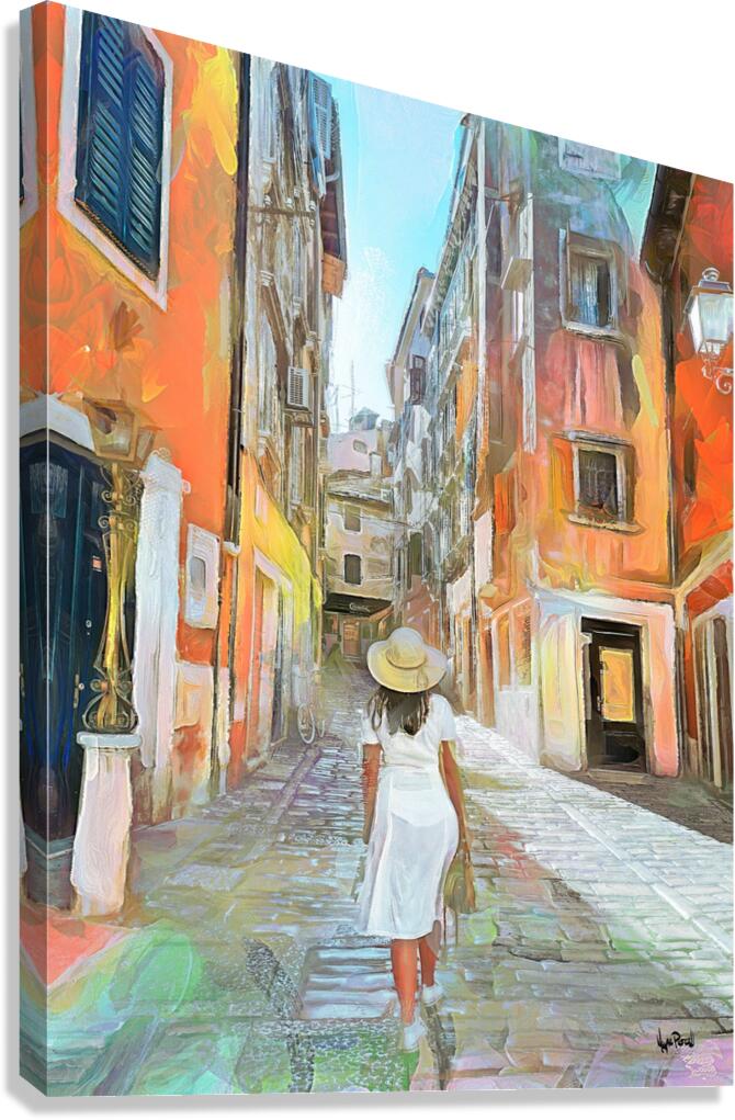 young woman walking on cobblestone street of an o  Canvas Print