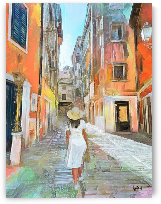 young woman walking on cobblestone street of an o by Wayne Pascall Art