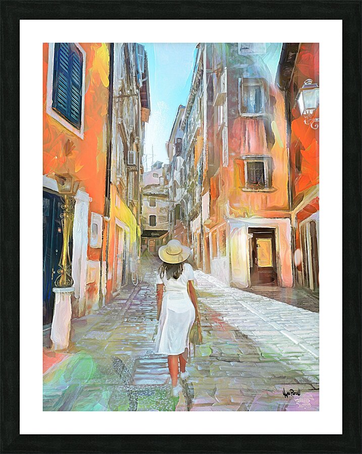 young woman walking on cobblestone street of an o  Framed Print Print