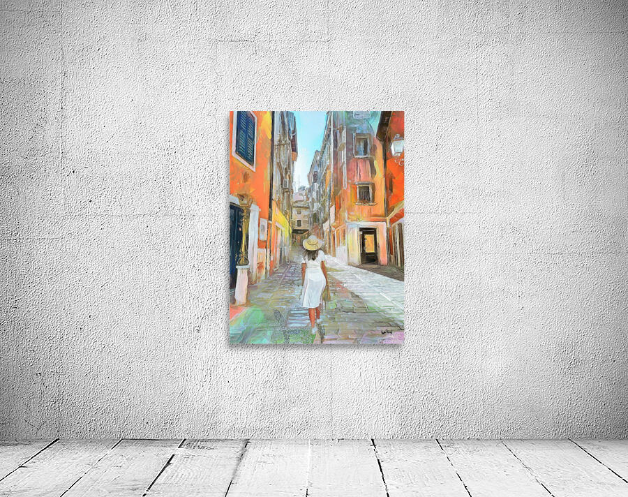 young woman walking on cobblestone street of an o by Wayne Pascall Art