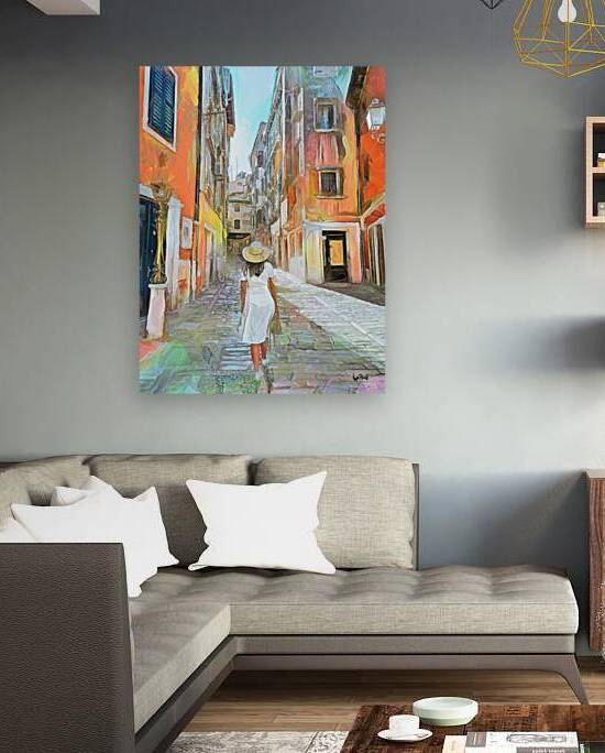 young woman walking on cobblestone street of an o by Wayne Pascall Art